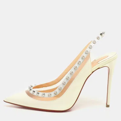 Pre-owned Christian Louboutin Cream Patent Leather And Pvc Brigandine Spike Slingback Pumps Size 36.5