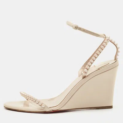 Pre-owned Christian Louboutin Cream Patent Leather So Me Ankle Strap Wedge Sandals Size 38