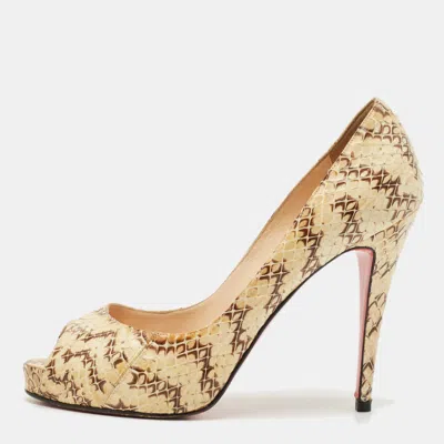 Pre-owned Christian Louboutin Cream/brown Python Leather New Very Prive Peep Toe Pumps Size 39.5 In White