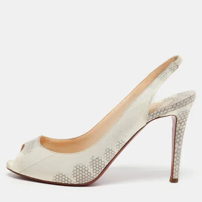 Pre-owned Christian Louboutin Cream/grey Python Embossed Leather Peep Toe Slingback Sandals Size 38