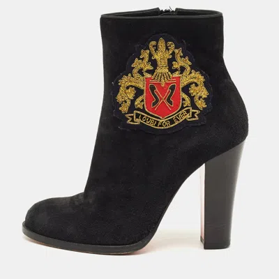 Pre-owned Christian Louboutin Crest Embroidered Size 37 Black Suede Ankle Length Boots