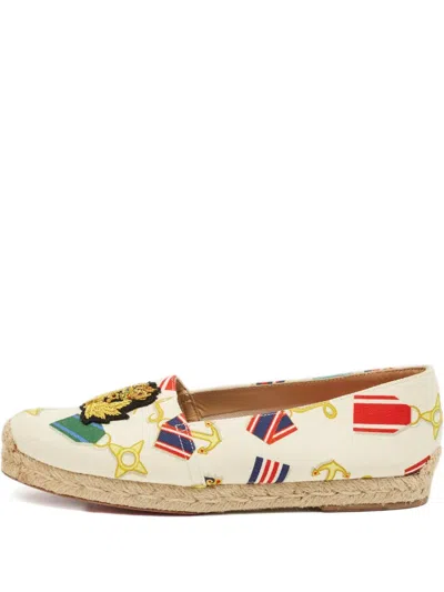 Pre-owned Christian Louboutin Crest Embroidery Canvas Espadrilles In Neutral