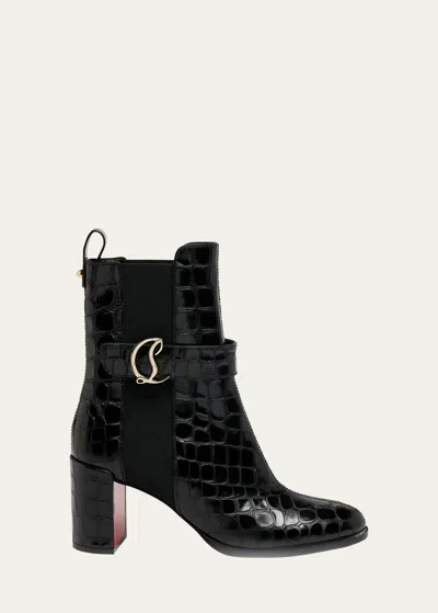 Christian Louboutin Croco Chelsea Red Sole Booties In Black