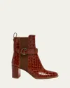 Christian Louboutin Croco Chelsea Red Sole Booties In Brown