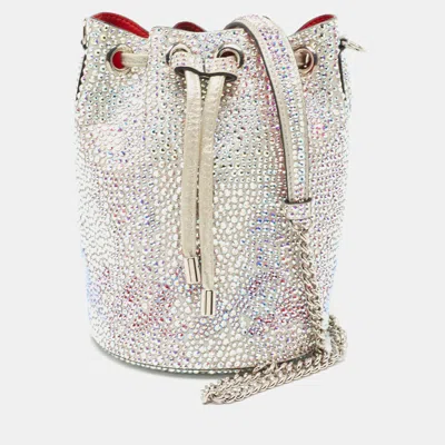Christian Louboutin Crystal Embellished Leather Marie Jane Bucket Bag In Silver