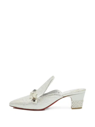 Pre-owned Christian Louboutin Crystal-embellished Leather Mules In Silver