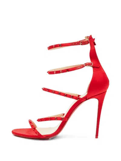 Pre-owned Christian Louboutin Crystal-embellished Satin Heeled Sandals In Red