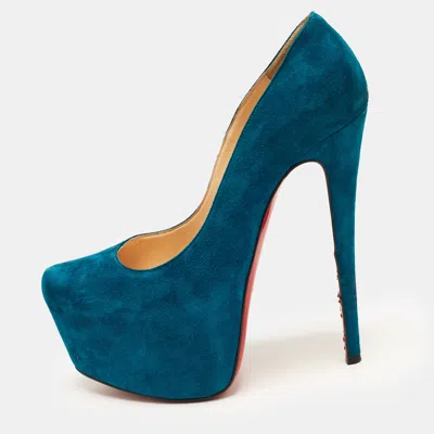 Pre-owned Christian Louboutin Daffodile Size 37 Teal Blue Suede Platform Pumps