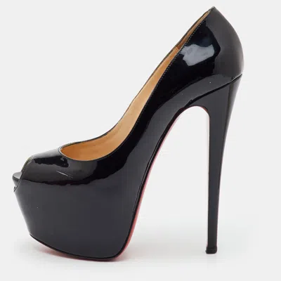 Pre-owned Christian Louboutin Daffodile Size 38 Black Patent Leather Peep Toe Platform Pumps