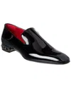 Christian Louboutin Almond Toe Patent Finish Loafers With Chain Detail In Black