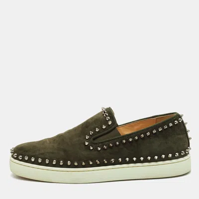 Pre-owned Christian Louboutin Dark Green Suede Spike Pik Boat Slip On Sneakers Size 40.5