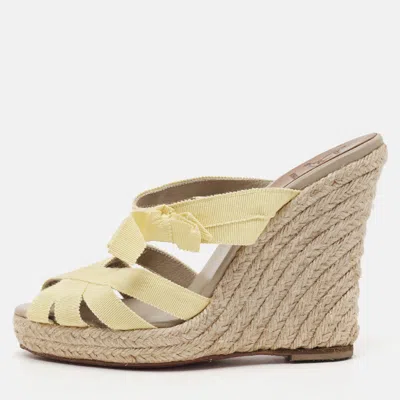 Pre-owned Christian Louboutin Delfin Size 37 Yellow Fabric Wedge Sandals