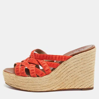 Pre-owned Christian Louboutin Delfin Size 38 Orange Fabric Wedge Sandals