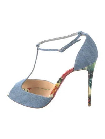 Pre-owned Christian Louboutin Denim Floral Print T-strap Pumps In Blue