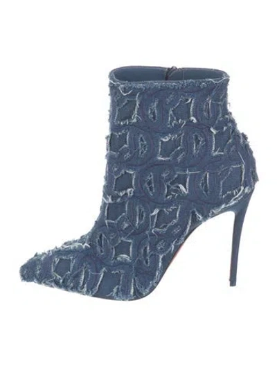 Pre-owned Christian Louboutin Denim Fringe Trim Accent Boots In Blue