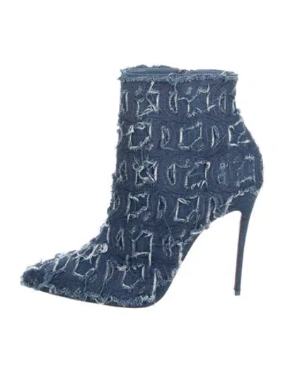 Pre-owned Christian Louboutin Denim Fringe Trim Accent Boots In Blue