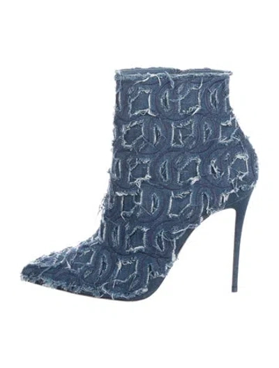 Pre-owned Christian Louboutin Denim Fringe Trim Accent Boots In Blue