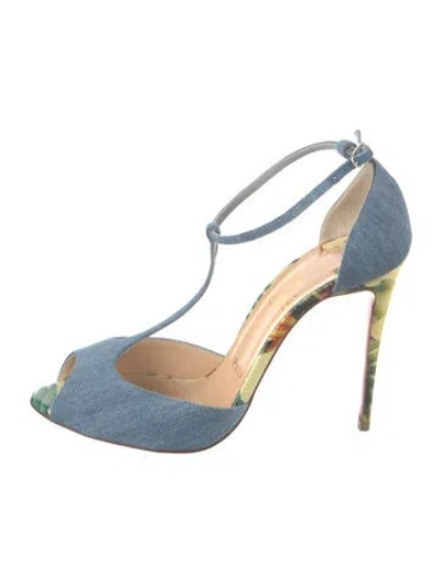 Pre-owned Christian Louboutin Denim T-strap Pumps In Blue