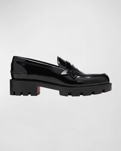 Christian Louboutin Donna Patent Red Sole Penny Loafers In Black