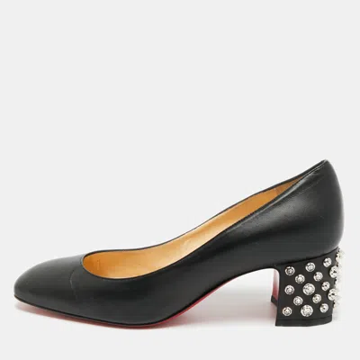 Pre-owned Christian Louboutin Donna Size 39 Black Leather Spike Block Heel Pumps