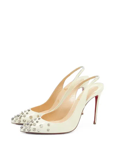 Pre-owned Christian Louboutin Drama Studded Slingback Pumps In White