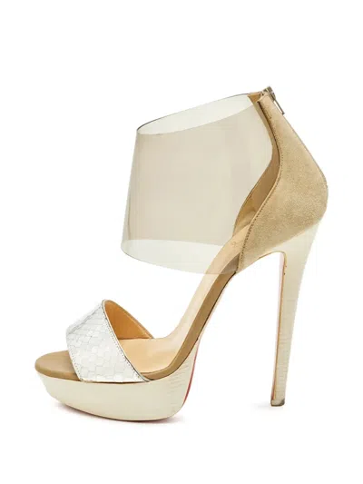Pre-owned Christian Louboutin Dufoura Python-embossed Platform Sandals In Neutral
