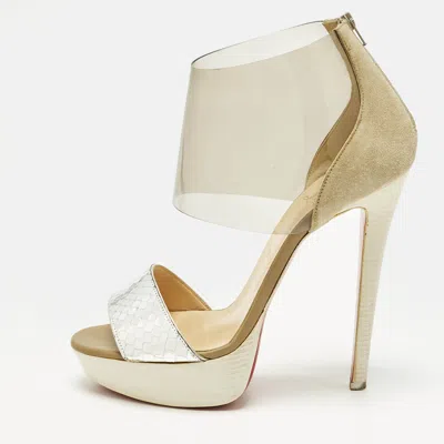 Pre-owned Christian Louboutin Dufoura Size 38 Tricolor Python Embossed Leather And Suede Sandals In White