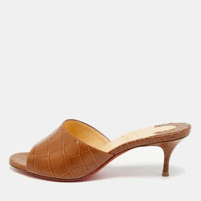 Pre-owned Christian Louboutin East Size 36.5 Brown Croc Embossed Leather Slide Sandals