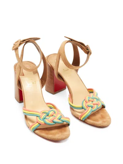 Pre-owned Christian Louboutin Ella Ankle-wrap Block-heel Sandals In Neutrals