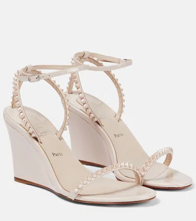 Christian Louboutin Embellished Patent Leather Wedge Sandals In Leche/lin Leche