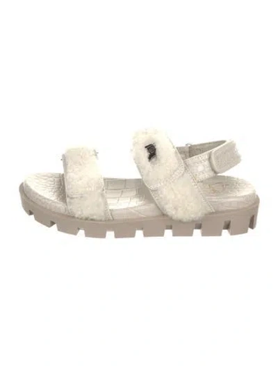 Pre-owned Christian Louboutin Embossed Leather Fur Trim Slingback Sandals In Neutral