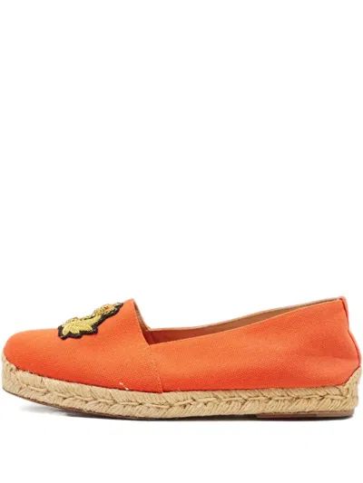 Pre-owned Christian Louboutin Embroidered-crest Espadrilles In Orange