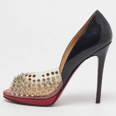 Pre-owned Christian Louboutin Engin Size 38.5 Black Patent Leather And Pvc Peep Toe Pumps