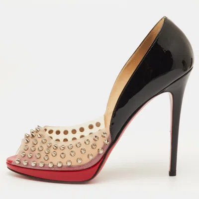 Pre-owned Christian Louboutin Engin Size 41 Black Patent Leather And Pvc Spikes Peep Toe Pumps