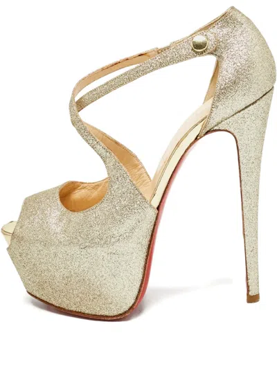 Pre-owned Christian Louboutin Exagona Glitter Platform Pumps In Gold