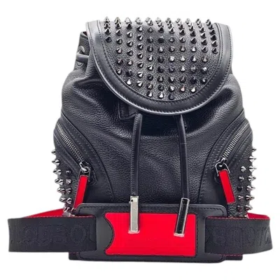 Pre-owned Christian Louboutin Explorafunk Black Calf Leather Studded Backpack Silver Spike