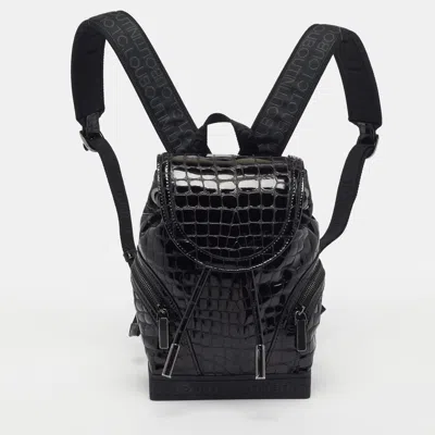 Pre-owned Christian Louboutin Explorafunk Small Croc Patent Leather And Rubber Backpack In Black