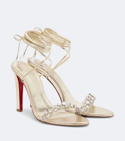 Christian Louboutin 100mm Fanny Jolly Embellished Leather Ankle-wrap Sandals In Neutral