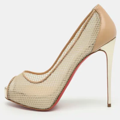 Pre-owned Christian Louboutin Fetilo Size 37 Beige Leather And Mesh Platform Peep Toe Pumps