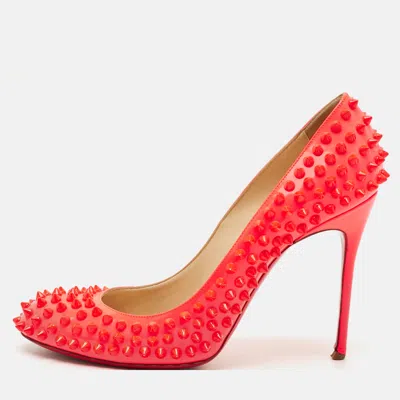 Pre-owned Christian Louboutin Fifi Size 39.5 Neon Hot Pink Patent Leather Spike Pumps