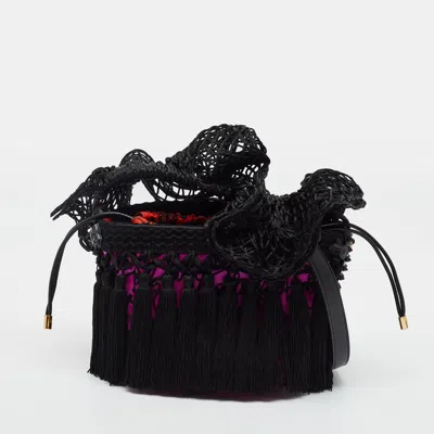 Pre-owned Christian Louboutin Flamencaba Pink/black Embroidered Satin Bucket Bag