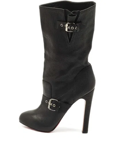 Pre-owned Christian Louboutin Flanavec Buckle Leather Boots In Black