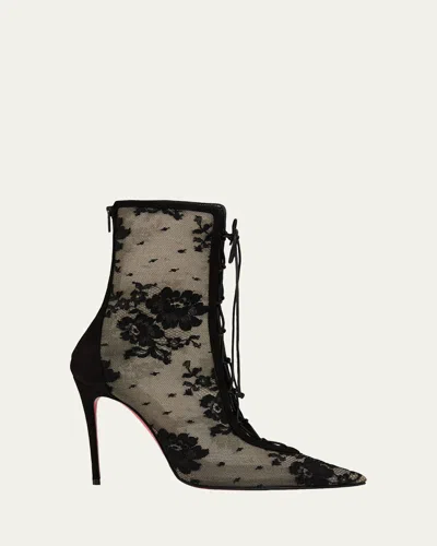 CHRISTIAN LOUBOUTIN FLORAL MESH RED SOLE LACE-UP BOOTIES