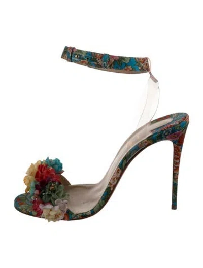 Pre-owned Christian Louboutin Floral Print Bow Accents Sandals In Green