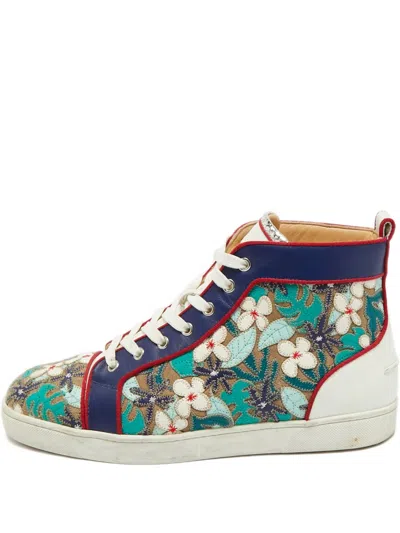 Pre-owned Christian Louboutin Flower-patch High-top Sneakers In Blue