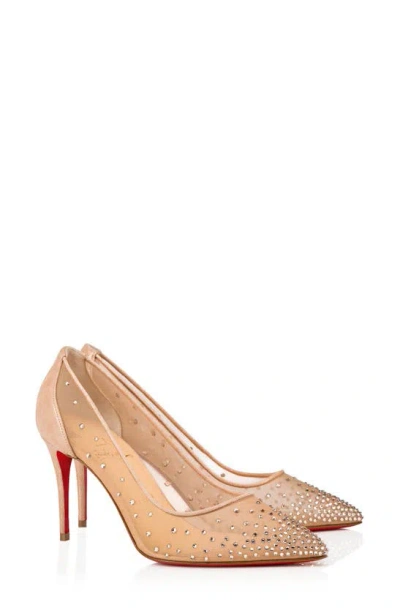 Christian Louboutin Follies Crystal Embellished Mesh Pointed Toe Pump In Light Silk