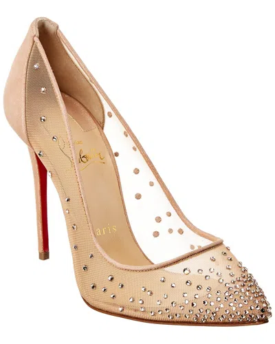 Christian Louboutin Follies 100 Crystal-embellished Mesh And Metallic Leather Pumps In Beige