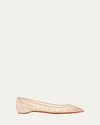 Christian Louboutin Follies Strass Red Sole Mesh Ballet Flats In Gold