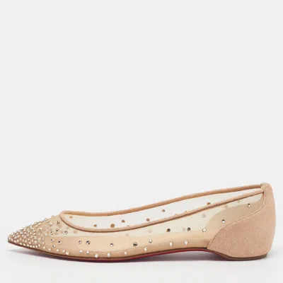 Pre-owned Christian Louboutin Follies Strass Size 34.5 Beige Mesh And Suede Ballet Flats In Sand