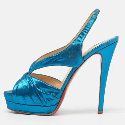 Pre-owned Christian Louboutin Fortuna Size 39.5 Blue Metallic Lurex Fabric Platform Slingback Sandals